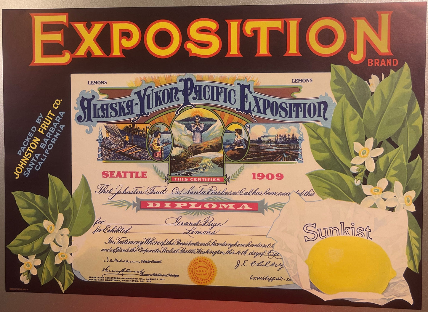 Vintage Exposition brand lemon crate label featuring Alaska-Yukon-Pacific Exposition 1909 Seattle diploma, with yellow lemon 
