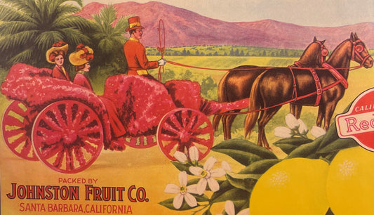 Antique Festival Brand Lemon Crate Label 🍎 Johnston Fruit Co, Santa Barbara California, Red Ball, Schmidt Litho, Victorian Ladies