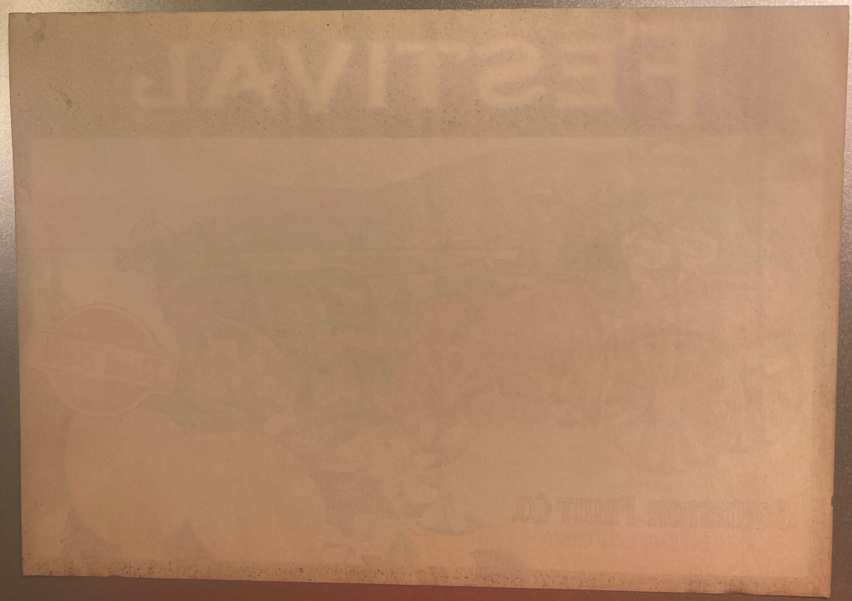 Aged tan paper with faint watermark text, possibly a vintage fruit crate label, photographed flat against neutral background