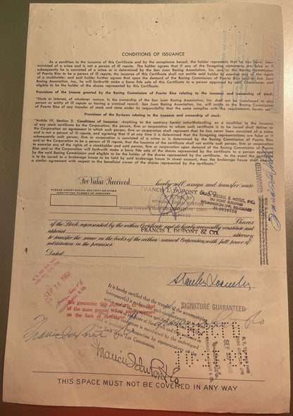 Aged stock certificate with "Conditions of Issuance" text, signatures, and stamps from San Juan Racing Association and Franci