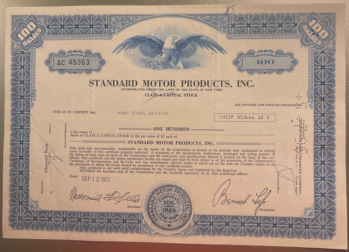 Vintage Standard Motor Products stock certificate for 100 shares, featuring eagle emblem and ornate blue border design o