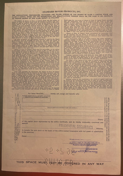 Aged Standard Motor Products stock certificate from 1970s on cream paper with printed text, blank fields, and Prudential Secu