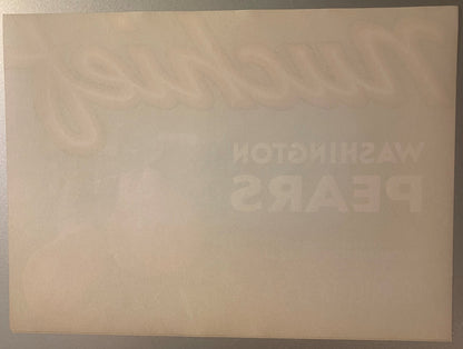 Cream-colored vintage crate label with faint embossed text reading "Pears" and what appears to be "291" or similar numbers, p
