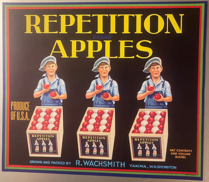 Vintage fruit crate label with three illustrated workers holding red apples above wooden crates, gold text on dark background
