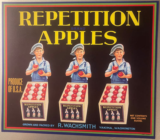 Antique 1930s Repetition Brand Apples Crate Label — R. Wachsmith, Yakima WA, Recursive Droste Artwork