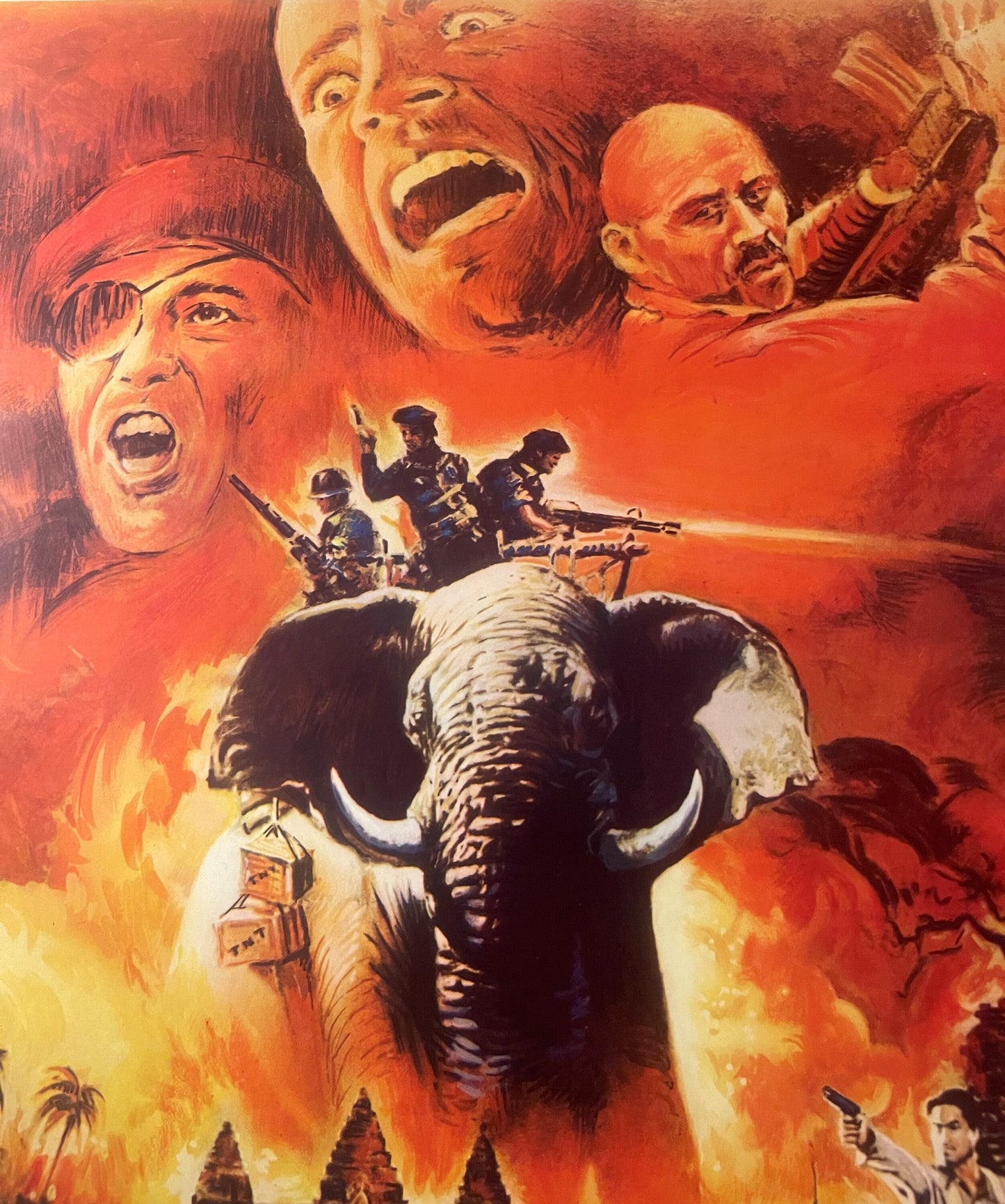 Vintage action adventure movie poster with dramatic red-orange background featuring armed soldiers on an elephant, explosive 