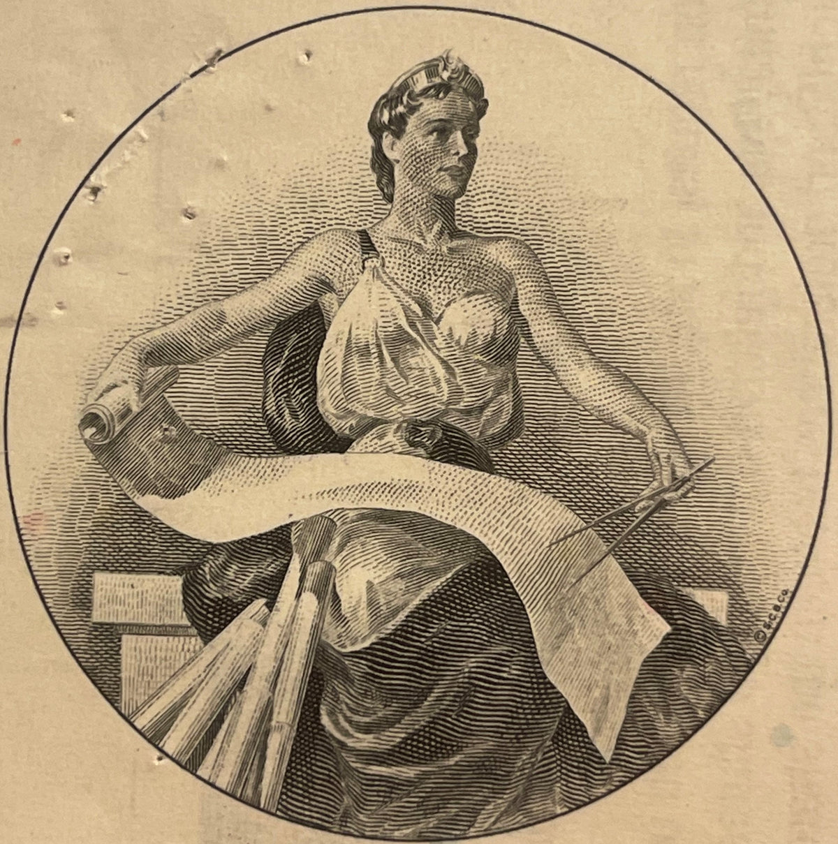 Engraved vignette of a seated classical female figure in flowing robes holding a scroll, rendered in black line work on aged 