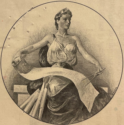 Engraved vignette of a seated classical female figure in flowing robes holding a scroll, rendered in black line work on aged 