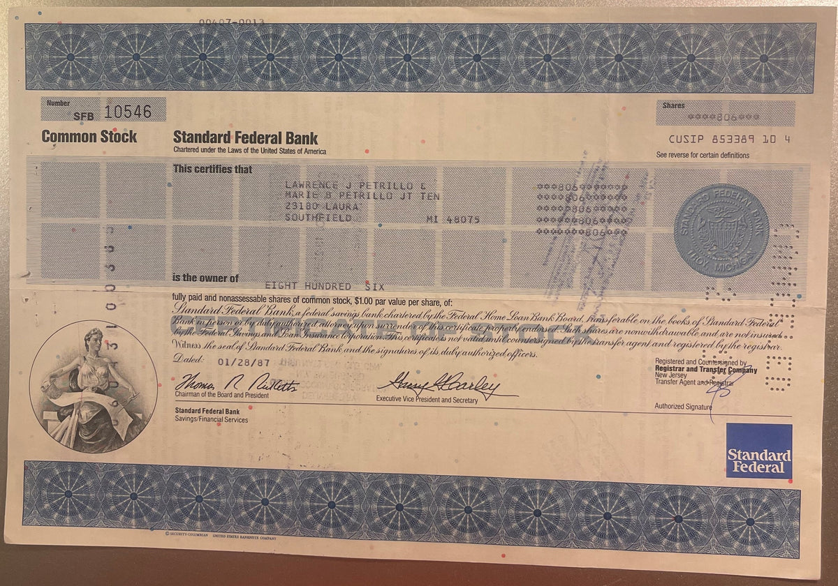 Vintage Standard Federal Bank stock certificate for 816 shares, cream-colored with blue decorative borders and bank seal