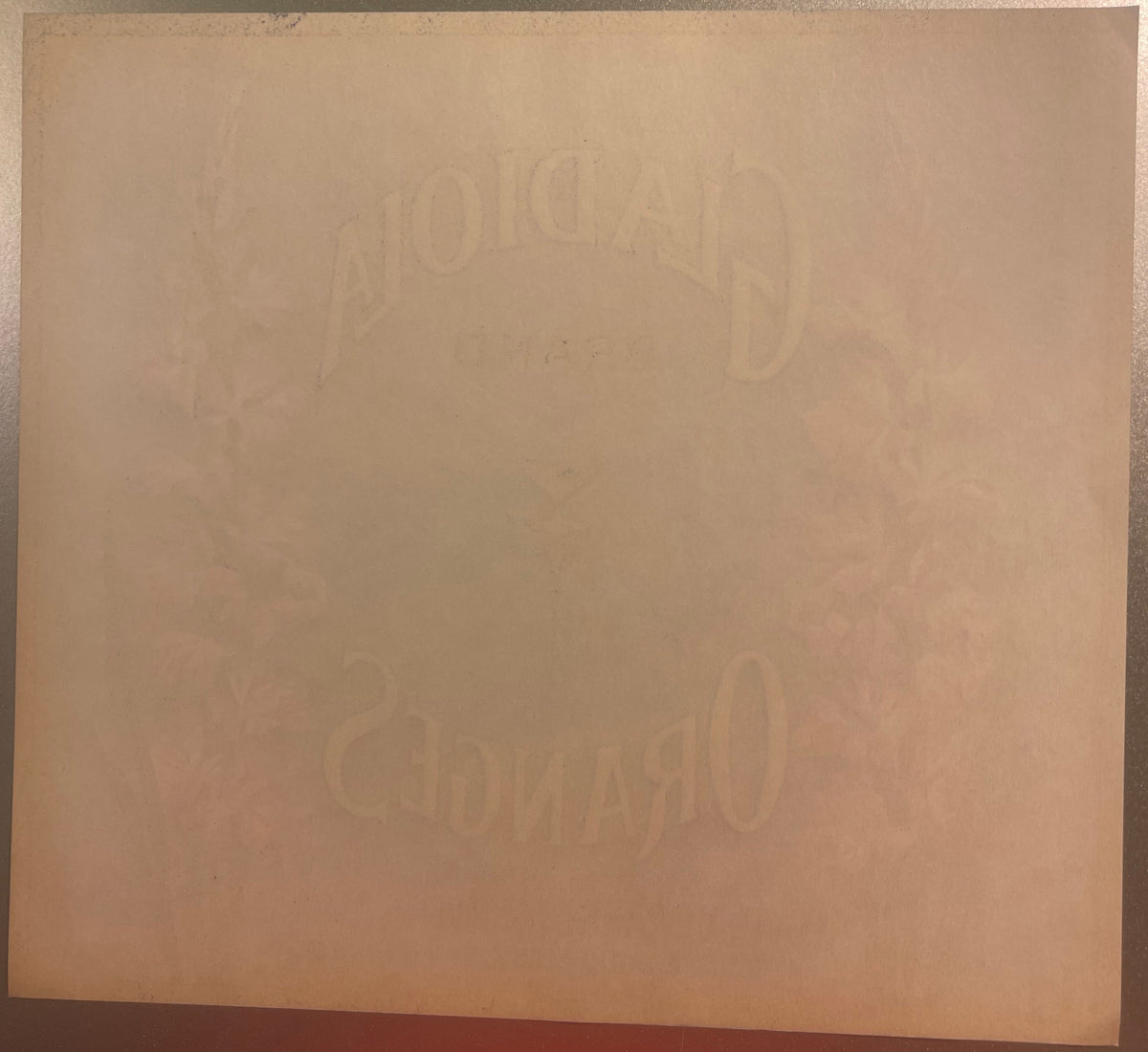 Faded embossed fruit crate label with "Gladiola" and "Covina" text visible on aged tan cardboard, photographed flat against d