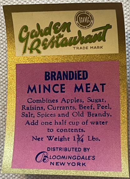 Vintage Bloomingdale's Garden Restaurant brandied mince meat label with gold border and pink center panel listing ingredients