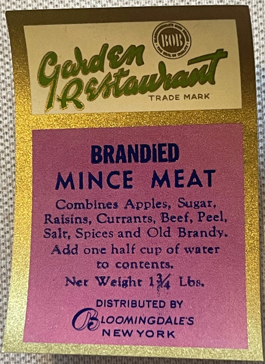 Antique Bloomingdale's 🏪 Garden Restaurant Brandied Mince Meat Label New York 1910s–1930s Food Ephemera American Made