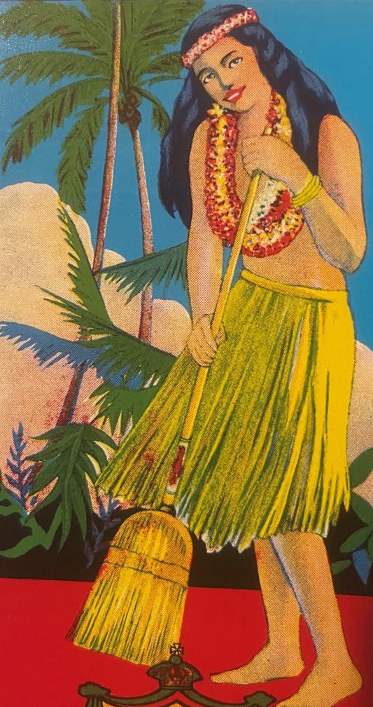 Vintage Honolulu Broom Factory Hula Girl Label 🖼️ Hawaiian Chromolithograph Advertising, Honolulu Hawaii Broom Advertising Label #2