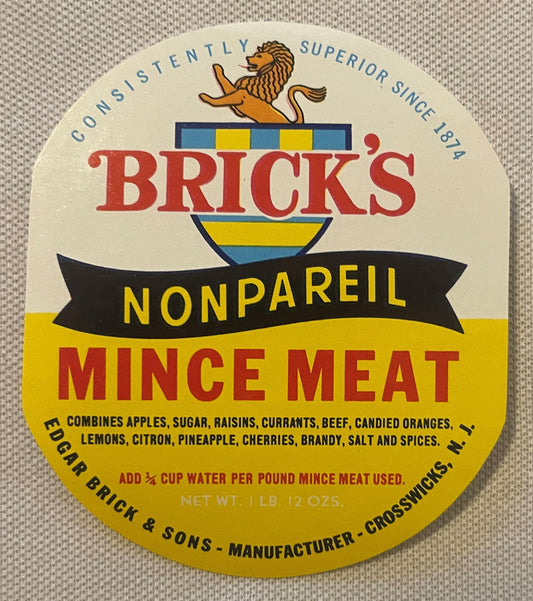Antique Brick's Nonpareil Mince Meat Label 🦁 Edgar Brick & Sons Crosswicks NJ — NOS 1910s–1930s American Made