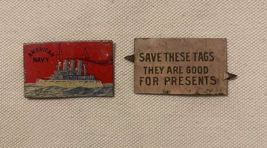 Antique American Navy Tin Tobacco Tag Pre 1900s Battleship Collectible Intact Backing Lithograph 1.5 x 1 Inch 🚬