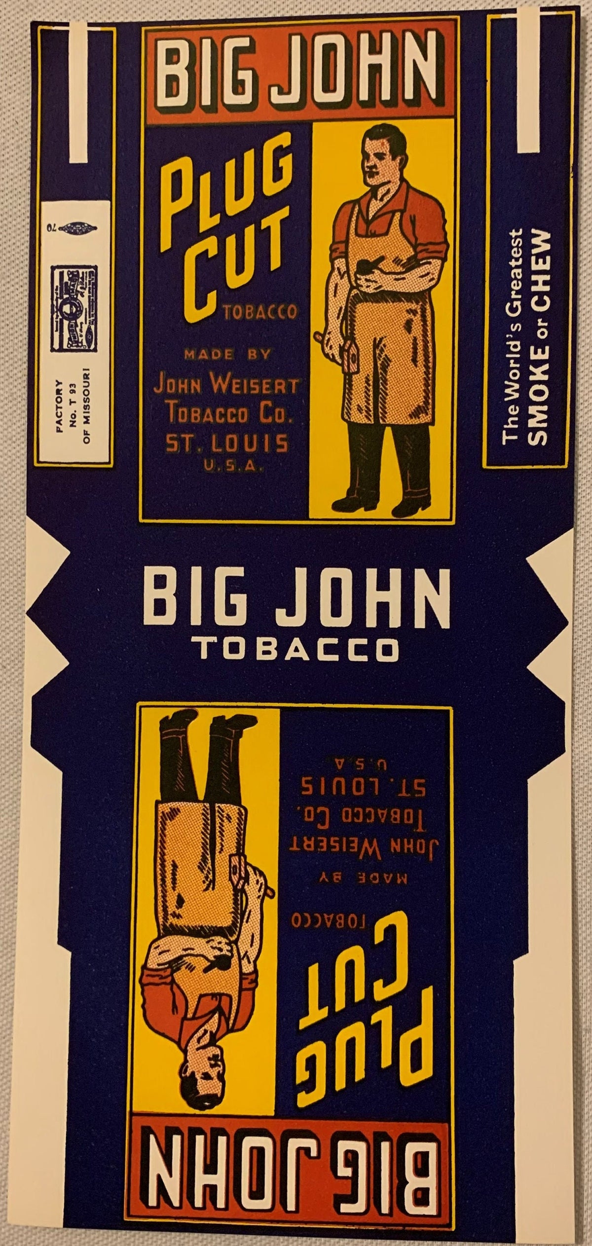 Vintage Big John Plug Cut tobacco label with navy and gold design, featuring man in apron and upside-down figure, John Weiser