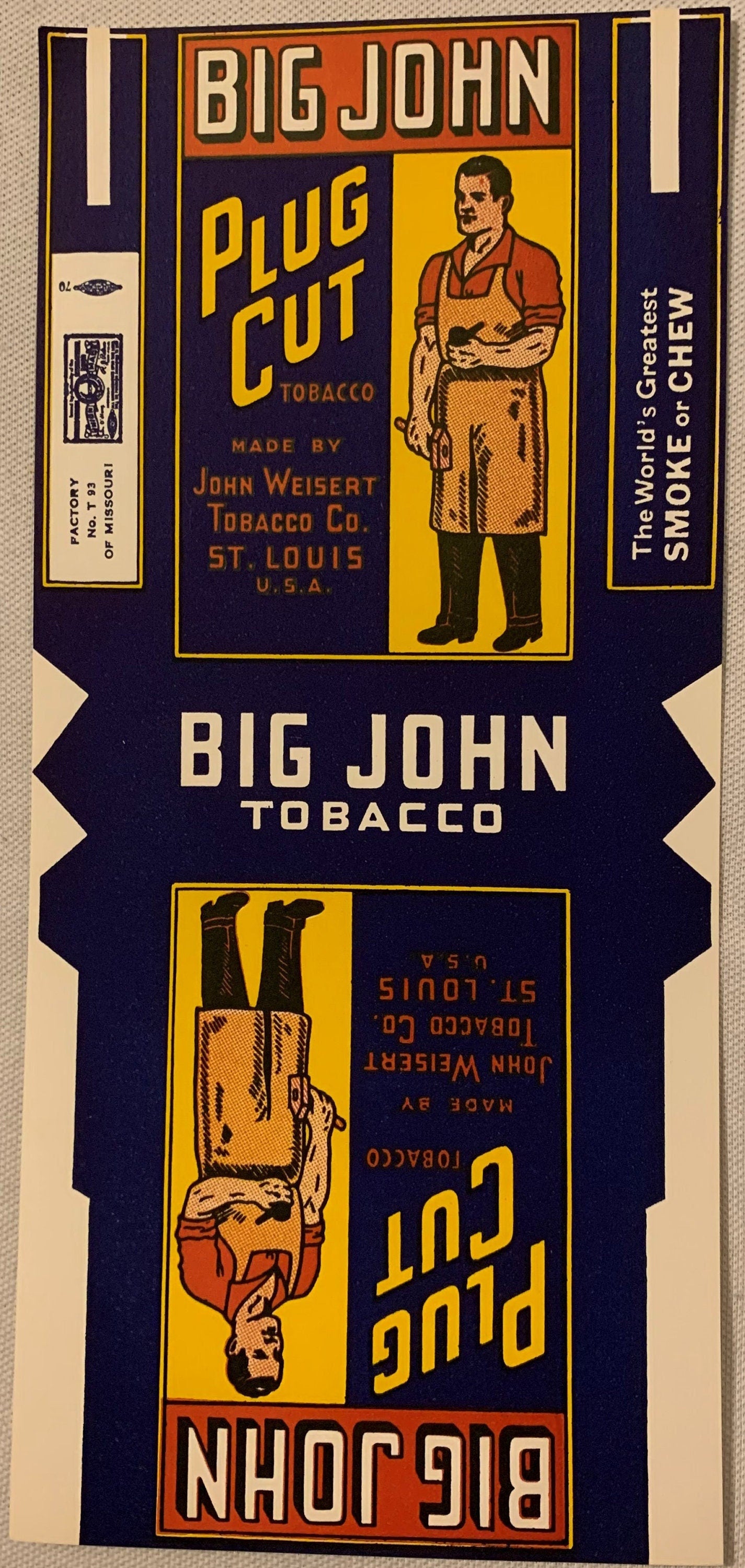 Vintage Big John Plug Cut tobacco label with navy and gold design, featuring man in apron and upside-down figure, John Weiser