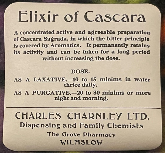 Very Rare Antique Vintage 1910s - 1920s Elixir of Cascara Label, C Charnley, Grove Pharmacy ✨