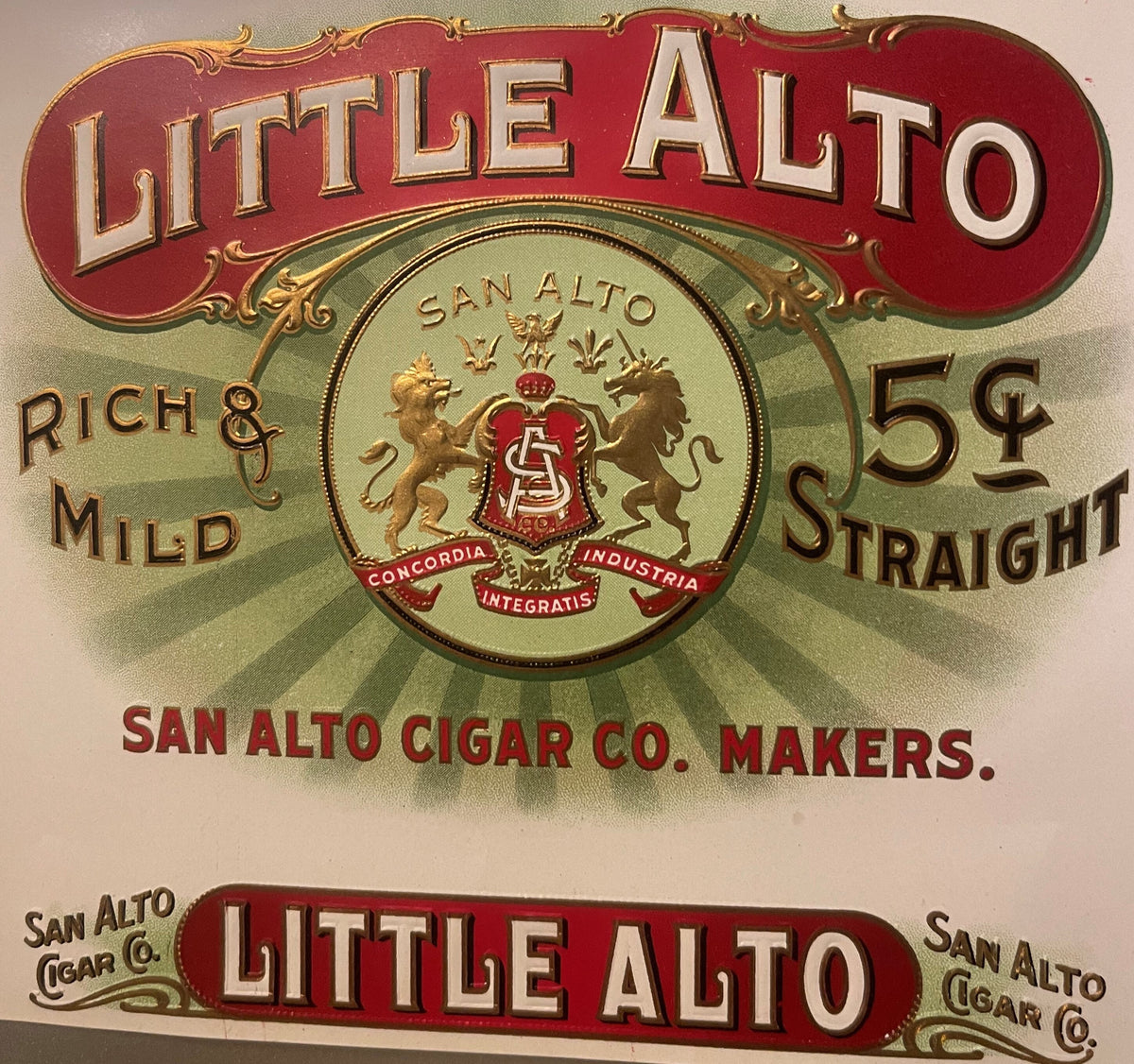 Antique cigar label with red banner reading "Little Alto" at top, central coat of arms, "Rich & Mild" and "5¢ Straight" text,