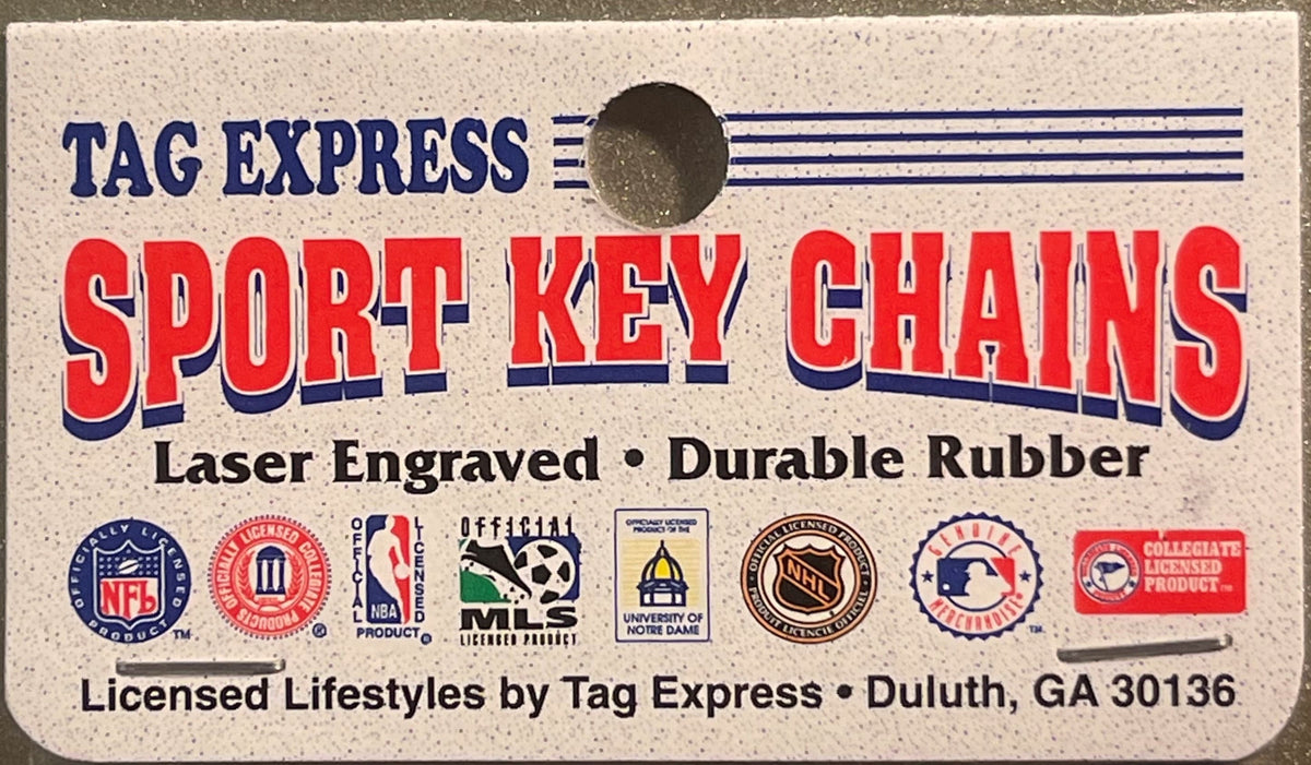Tag Express Sport Key Chains product card with NFL, NBA, MLS, Notre Dame and NHL licensed logos displayed on textured beige b
