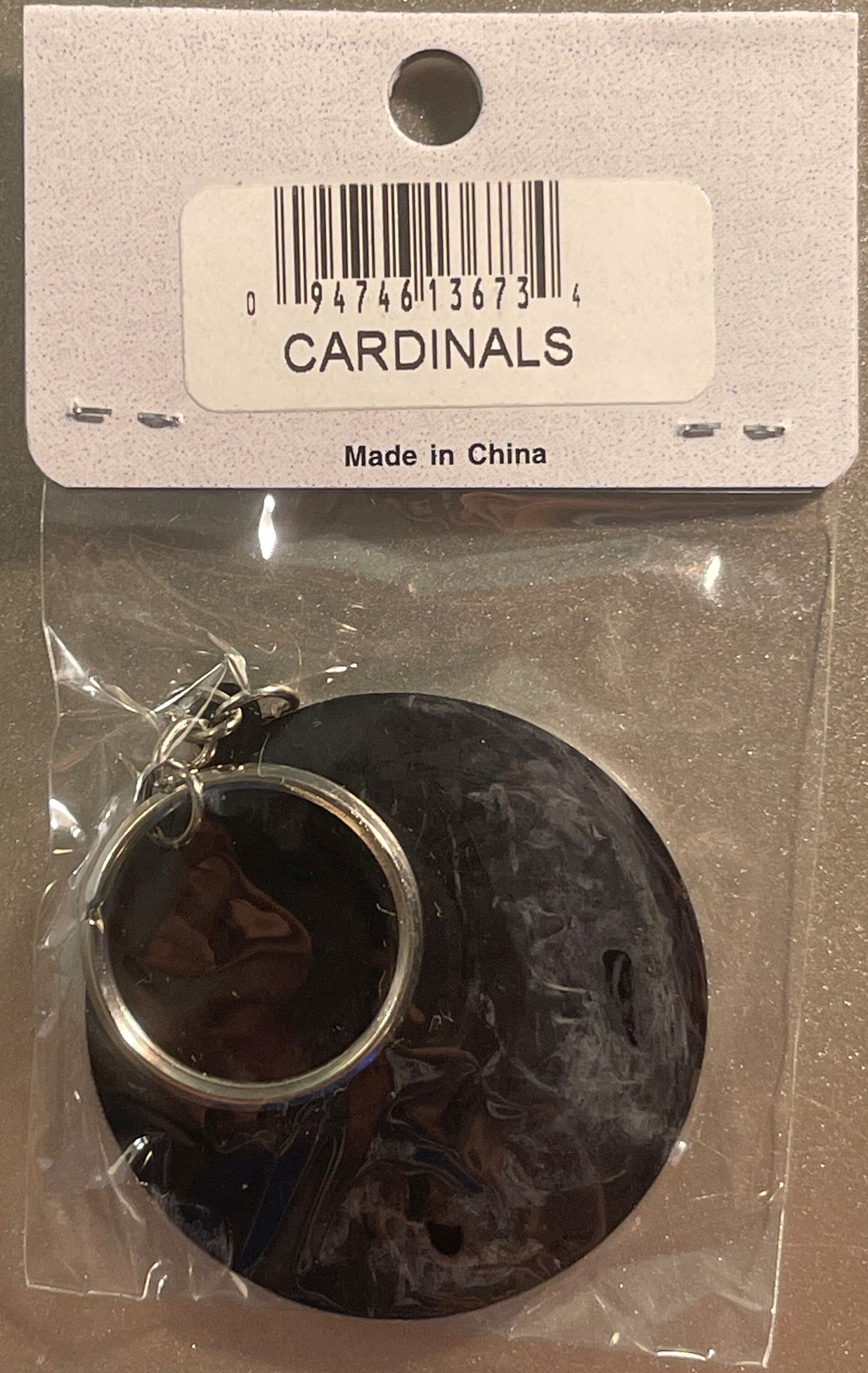 St. Louis Cardinals black baseball keychain in sealed plastic package with barcode and "Made in China" label visible on card 