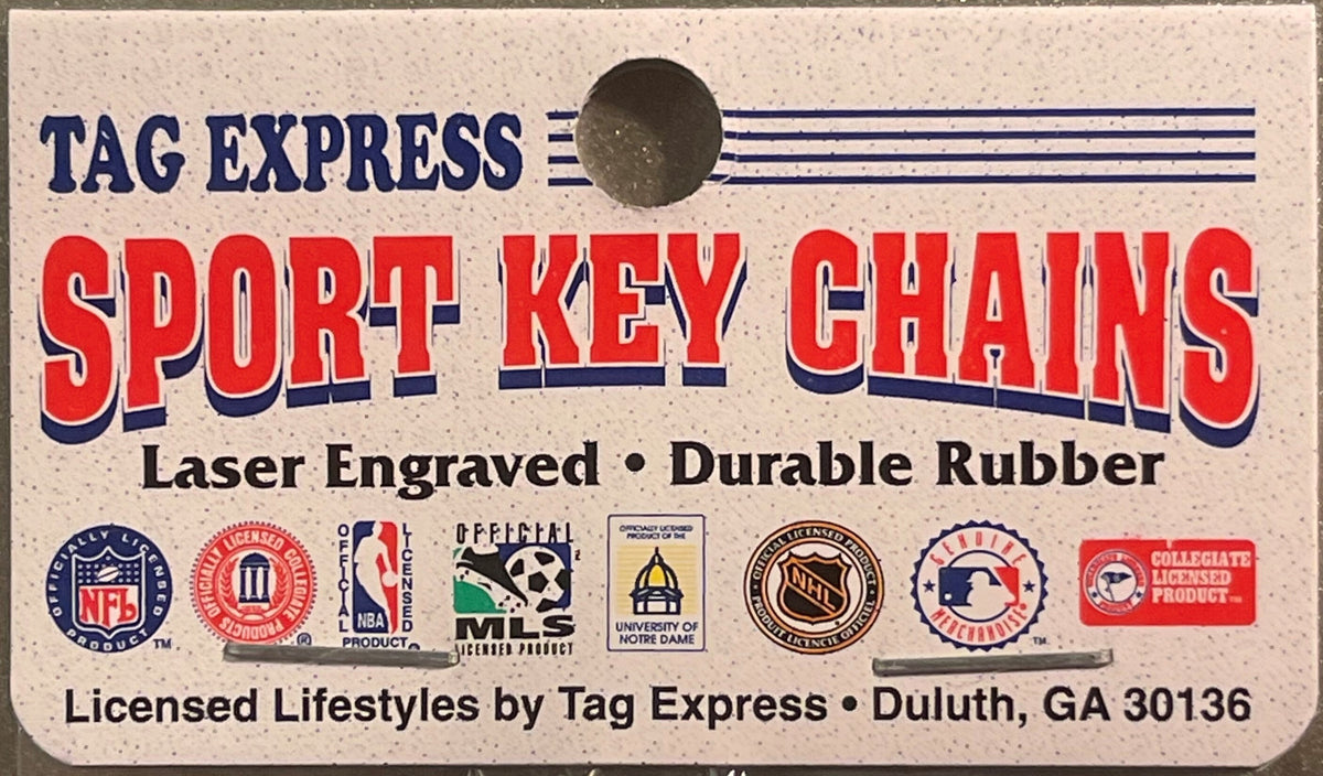 Tag Express Sport Key Chains packaging card with NFL, NBA, MLS and NHL licensed logos printed in red and blue on tan cardstoc