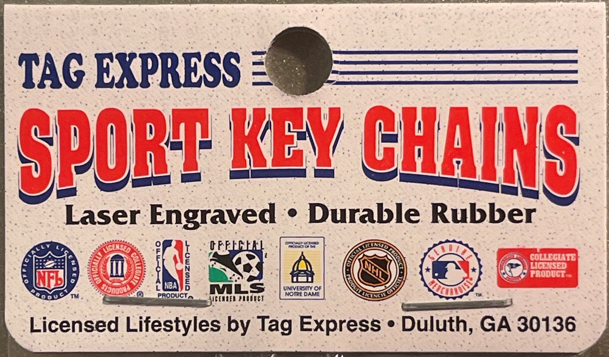 Tag Express Sport Key Chains packaging card with NFL, NBA, MLS and NHL licensed logos printed in red and blue on tan cardstoc
