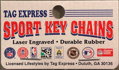 Tag Express Sport Key Chains packaging card with NFL, NBA, MLS and NHL licensed logos printed in red and blue on tan cardstoc