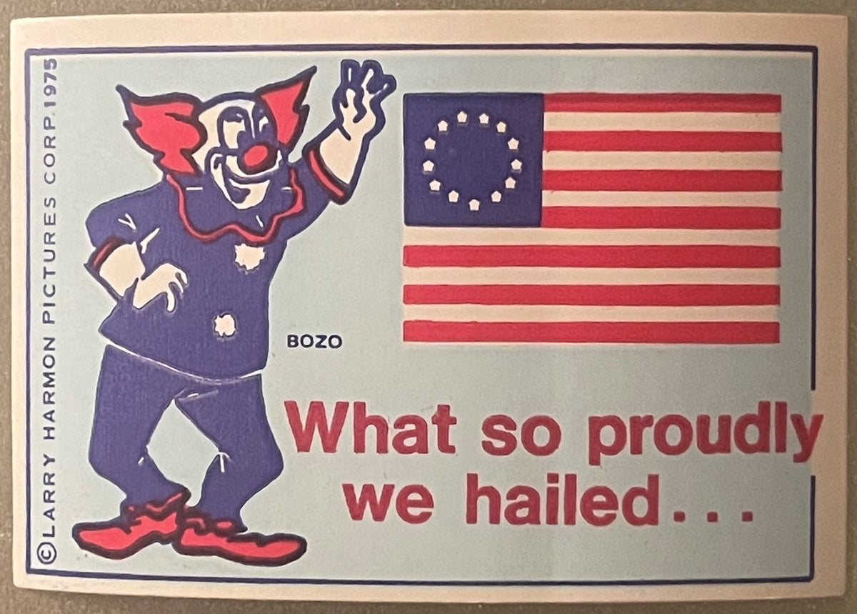 Vintage 1975 Bozo the Clown bicentennial sticker with clown character and 13-star American flag on cream background