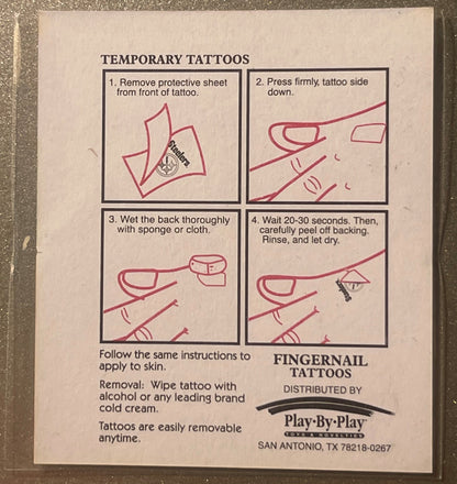 Vintage temporary tattoo instruction card with four illustrated steps showing application process, distributed by Play-By-Pla