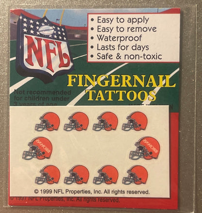 Vintage 1997 NFL Cleveland Browns fingernail tattoo package showing red helmet designs and product features on cardboard back