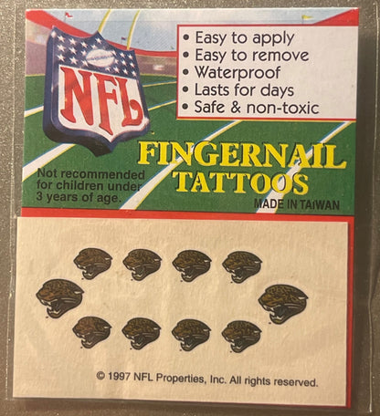 Vintage 1997 NFL fingernail tattoos package featuring Jacksonville Jaguars logo with ten gold panther head tattoos visible on