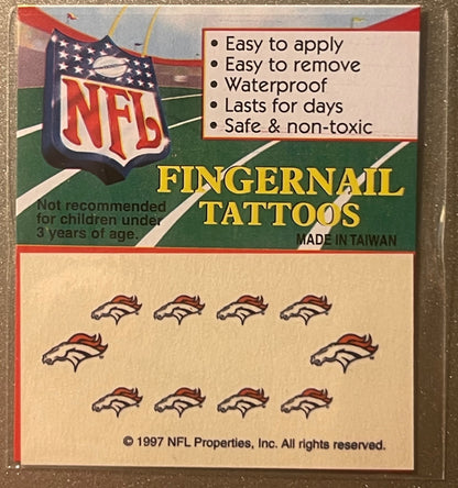 Vintage 1997 NFL Denver Broncos fingernail tattoos package showing orange horse logo and ten small tattoo designs on tan back