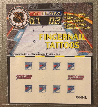 Vintage NHL fingernail tattoos package showing New York Rangers logos and hockey rink design with application instructions vi
