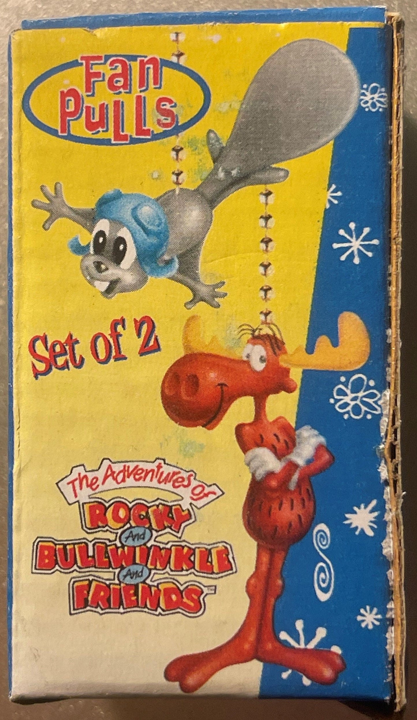 Vintage "Fan Pulls" box with Rocky and Bullwinkle characters illustrated, showing gray moose and red dog against yellow and b