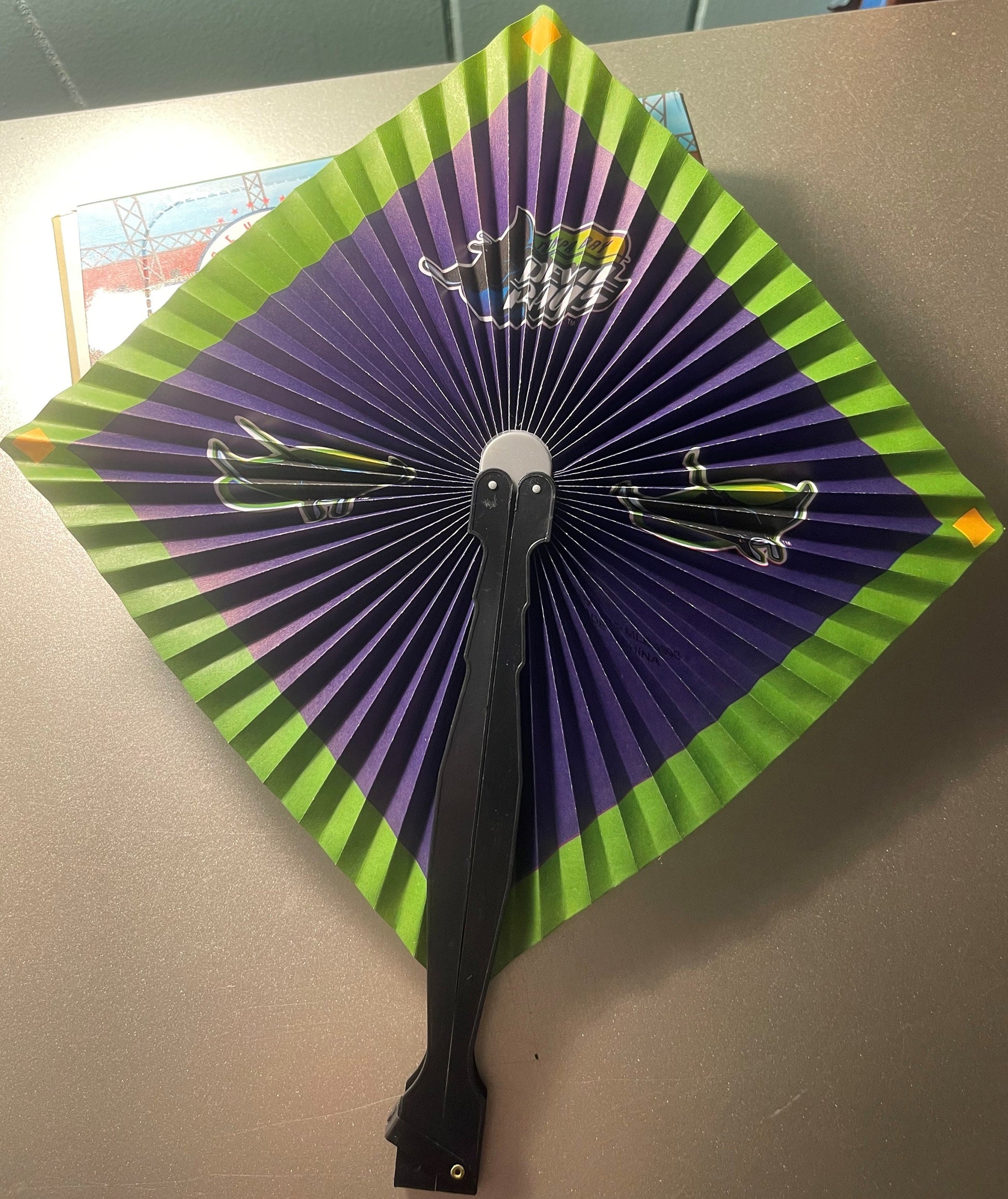 Retro Tampa Bay Devil Rays folding hand fan with lime green and purple striped paper, black handle, displayed open on tan sur