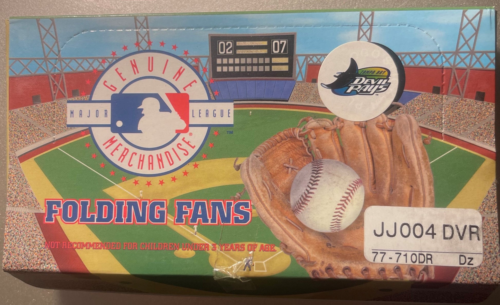 Boxed MLB folding fan featuring Tampa Bay Devil Rays logo, baseball glove with ball, and stadium scoreboard, displayed at an 