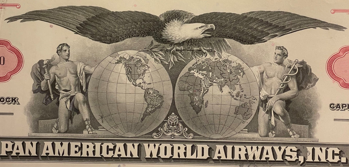 Pan American World Airways stock certificate header with eagle, globes, classical figures, and ornamental design in black and