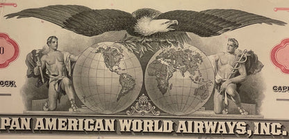 Pan American World Airways stock certificate header with eagle, globes, classical figures, and ornamental design in black and