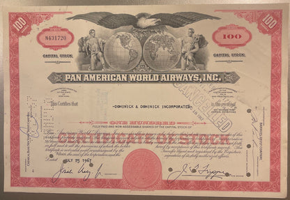 Vintage red and cream Pan American World Airways stock certificate for 100 shares, featuring eagle and glo
