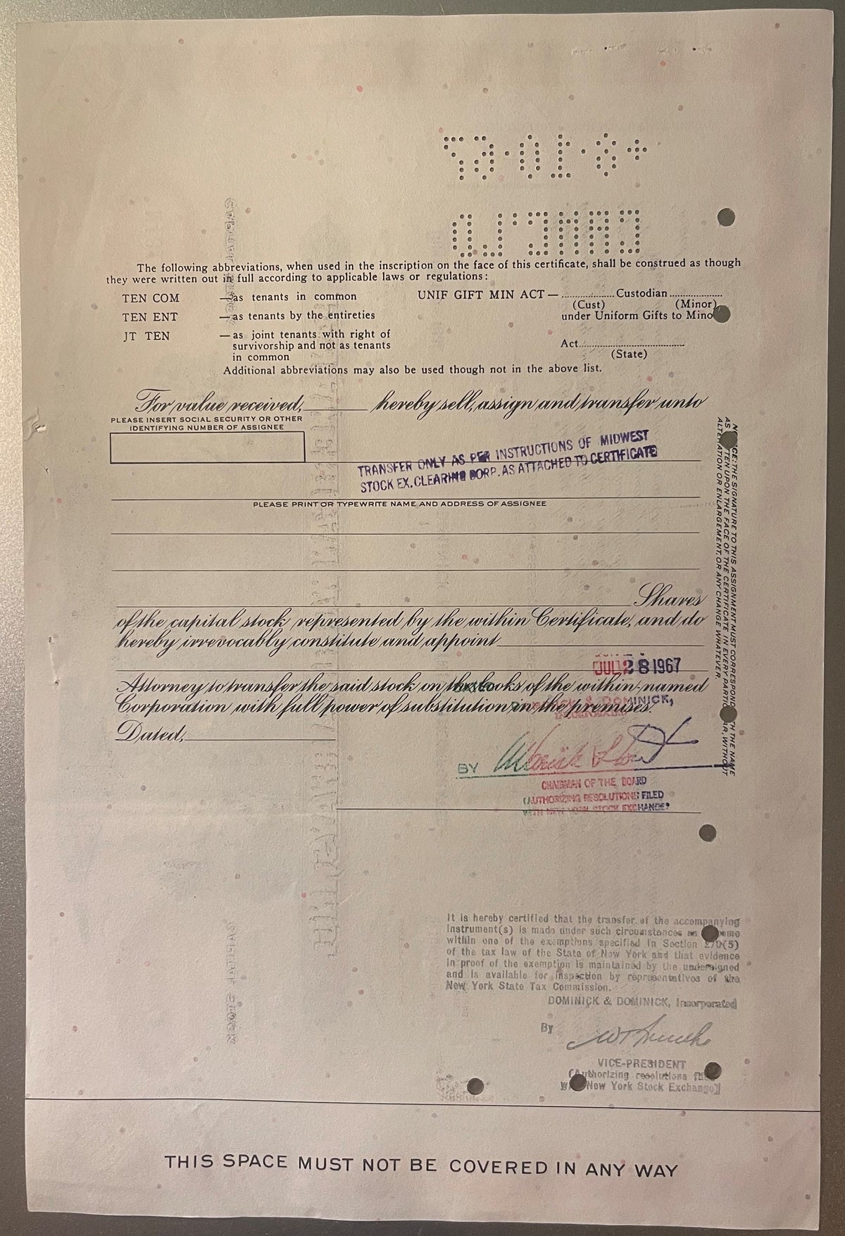 Aged stock certificate form with printed text, handwritten signatures, and official stamps from New York Stock Exchange, date