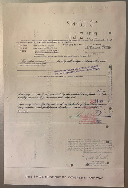 Aged stock certificate form with printed text, handwritten signatures, and official stamps from New York Stock Exchange, date