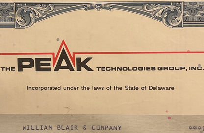 Vintage stock certificate for Peak Technologies Group Inc., Delaware incorporated, featuring ornate border design and red pea