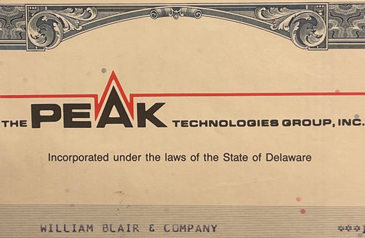Vintage 1990s Peak Technologies Group Stock Certificate Dot Com Crash Victim Delaware Scripophily 📜