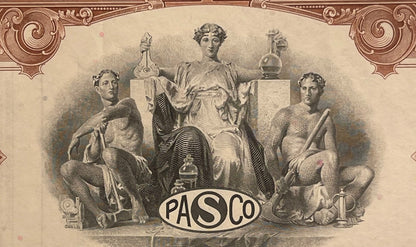 Antique stock certificate with ornate brown border, central allegorical figures, and "PASCO" oval logo in sepia engraving sty