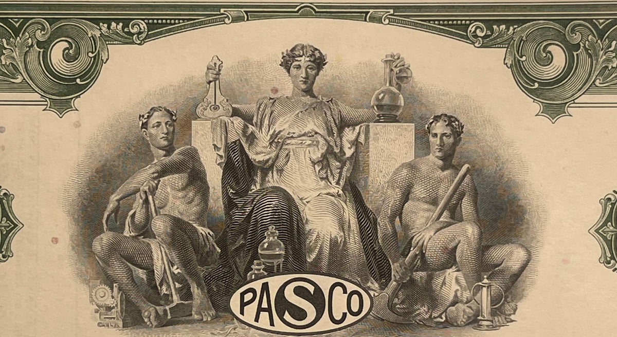 Ornate engraving of classical figures surrounding central seated woman holding scientific instruments, with "PASCO" text in o