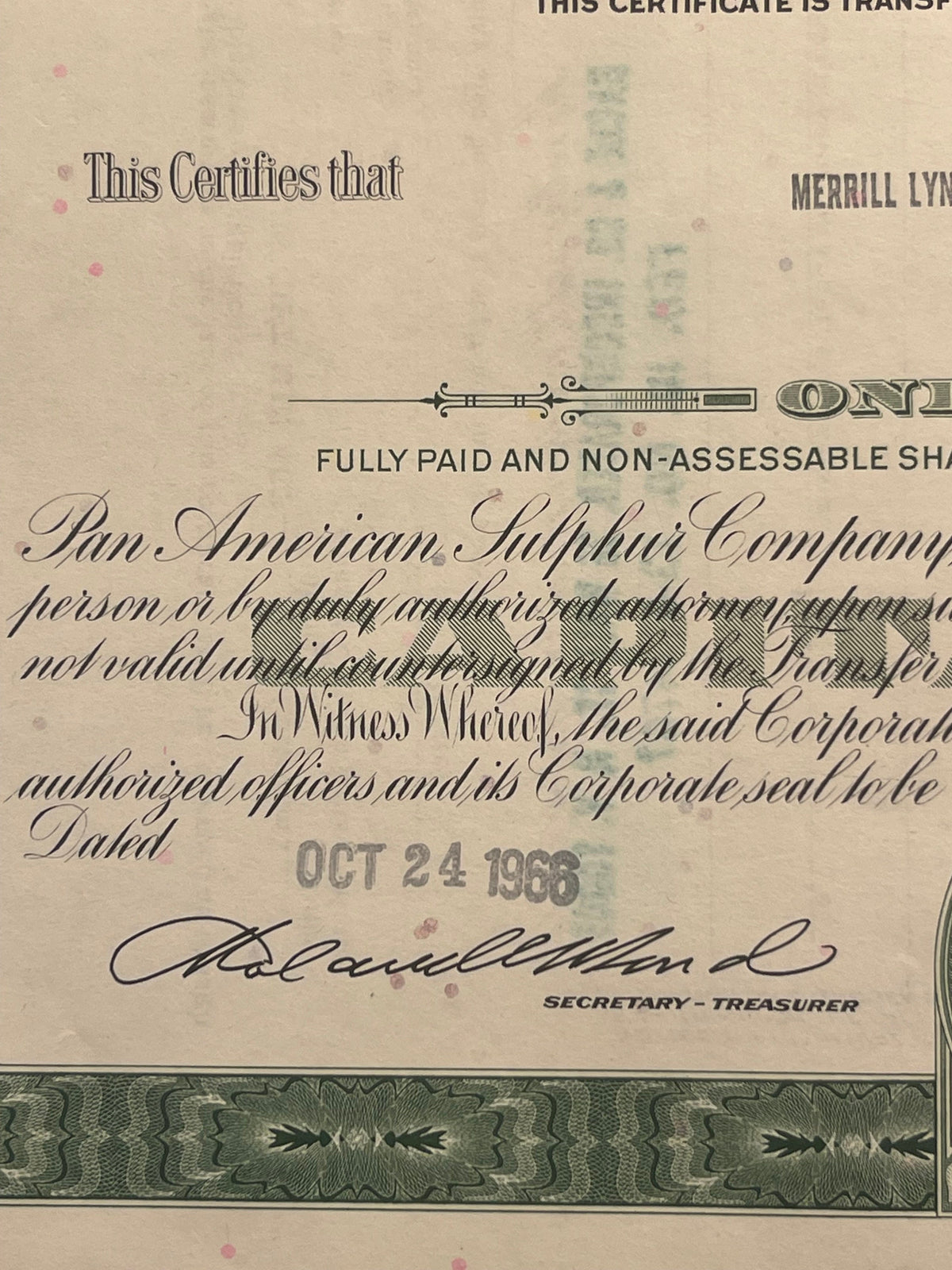 Vintage stock certificate from Pan American Sulphur Company, with ornate border and secretary-treasure