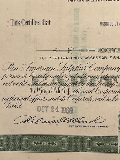 Vintage stock certificate from Pan American Sulphur Company, with ornate border and secretary-treasure
