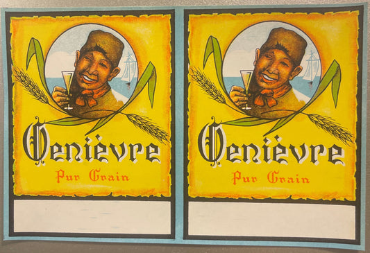 Antique Genièvre Pur Grain Double Uncut Color Lithograph Liquor Label Sheet French Grain Juniper Spirit Sailor Wheat Sailing Ship American M 🖼️