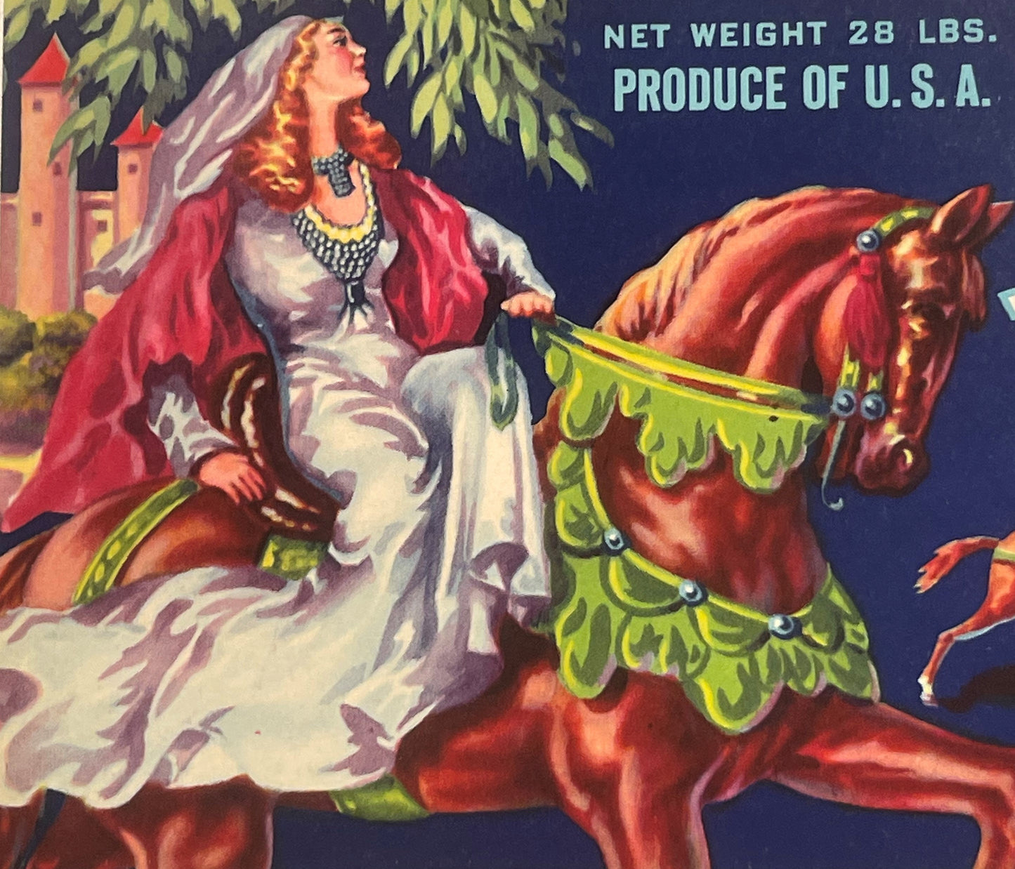 Vintage fruit crate label featuring a woman in medieval dress on a red horse, net weight 28 lbs, produce of USA text visible